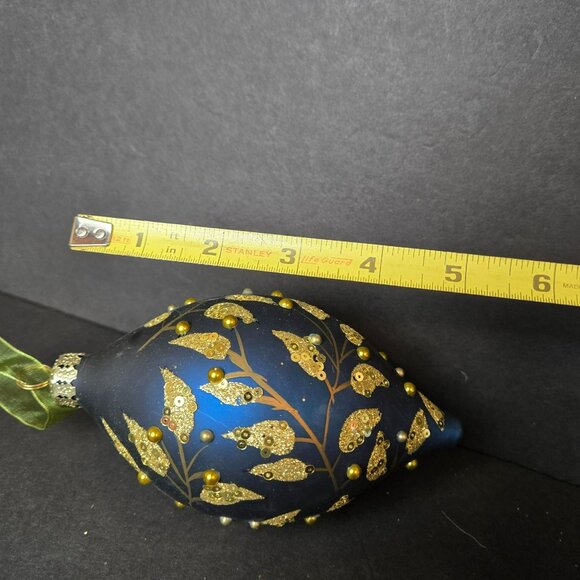 Frontgate Gold Leaf Blue Teardrop Glass Christmas Ornament Hand Decorated - Picture 7 of 8